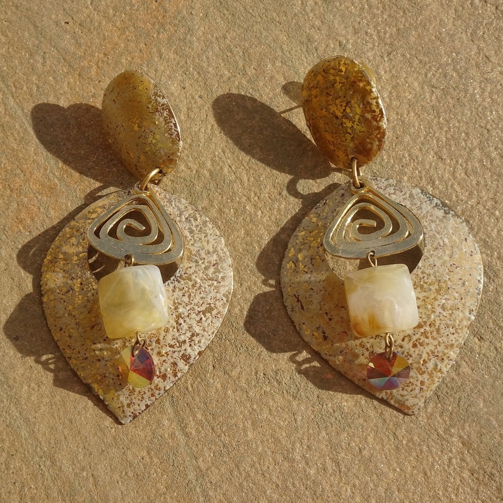 Big Vintage '80s Gold Gold Swirl Spiral Swarovski Crystal Post Dangle Earrings
